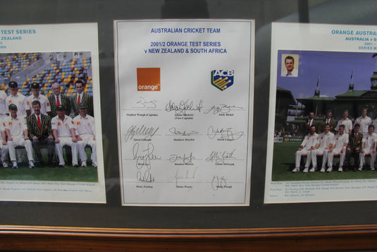 2001/02 Australia Test Series vs NZ and SA Team Signed Collage, Framed