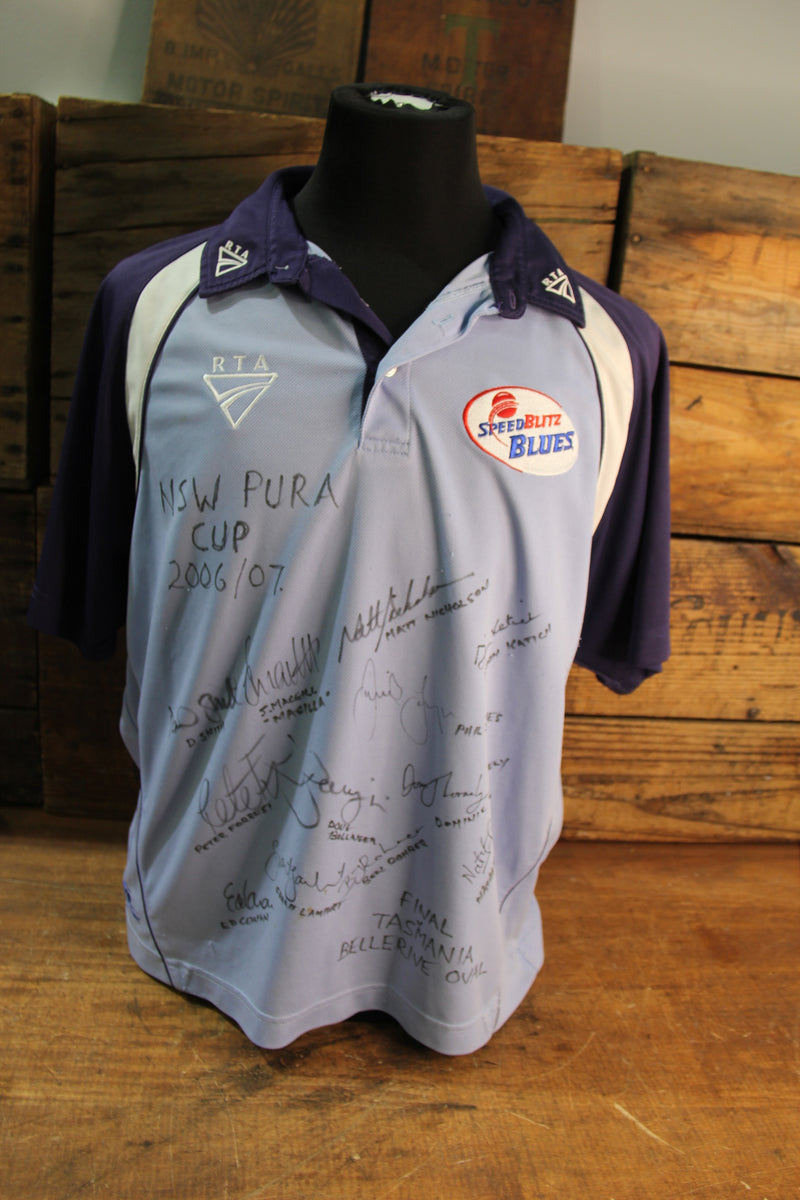 Load image into Gallery viewer, NSW Blues Cricket Team Shirts x 4 Incl Team-Signed Pura Cup Final 2006/2007 x 2
