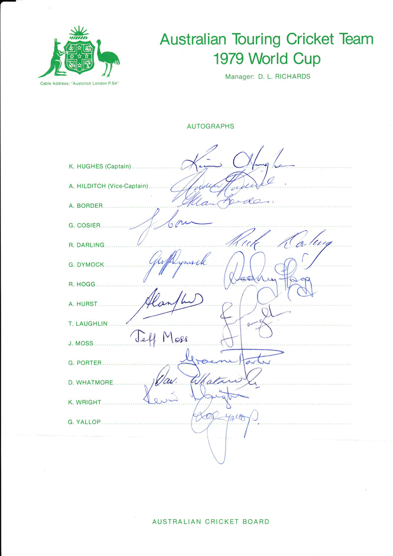 Load image into Gallery viewer, SPECIAL - Australia Player Signed Team Sheet 1979 World Cup - Border, K Hughes, Hogg
