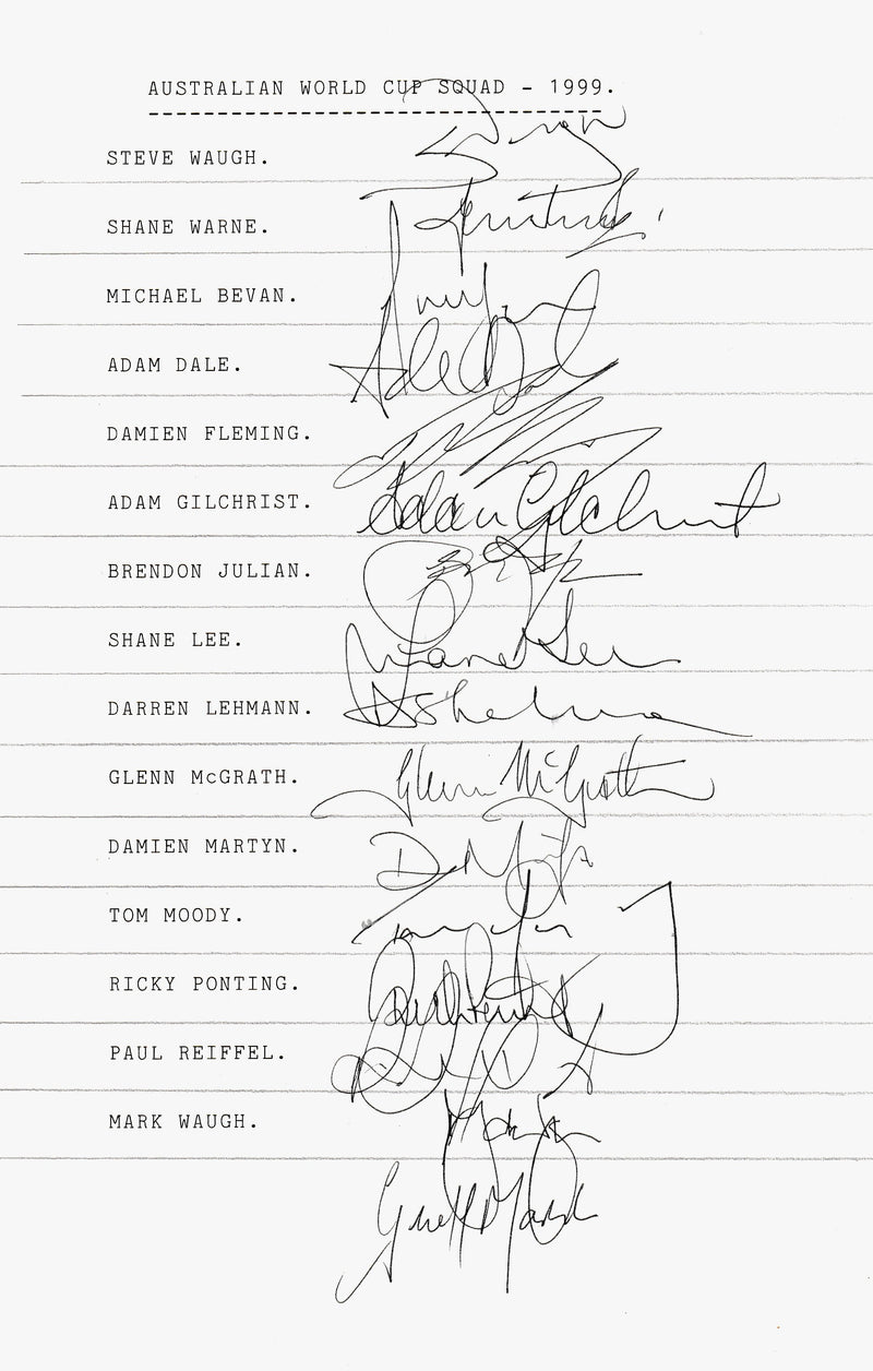 Load image into Gallery viewer, SPECIAL - Australia Player Signed Team Sheet 1999 World Cup Win - Waughs, Warne, Gilchrist
