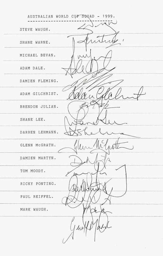 SPECIAL - Australia Player Signed Team Sheet 1999 World Cup Win - Waughs, Warne, Gilchrist