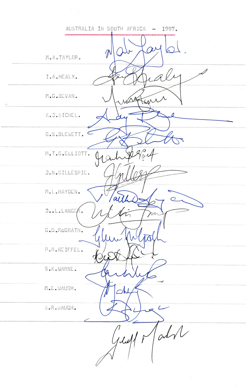 Load image into Gallery viewer, SPECIAL - Australia Player Signed Team Sheet 1997 in Sth Africa - Waughs, Warne, Taylor
