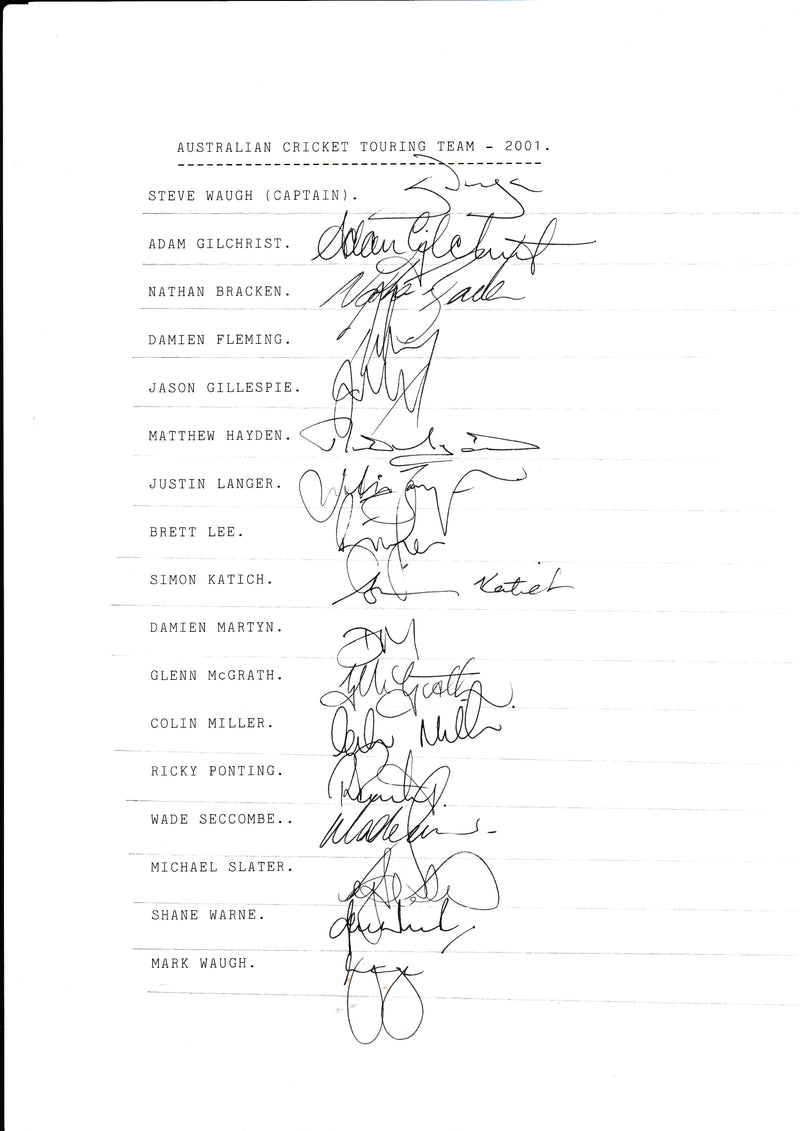 Load image into Gallery viewer, SPECIAL - Australia Player Signed Ashes Team Sheet 2001 - Waughs, Warne, Gilchrist
