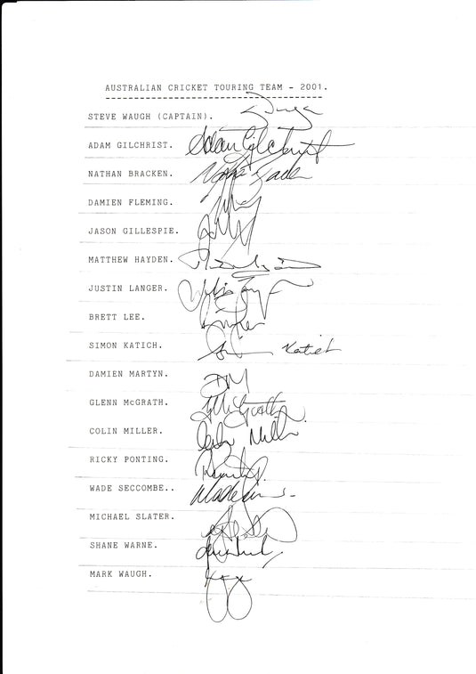 SPECIAL - Australia Player Signed Ashes Team Sheet 2001 - Waughs, Warne, Gilchrist