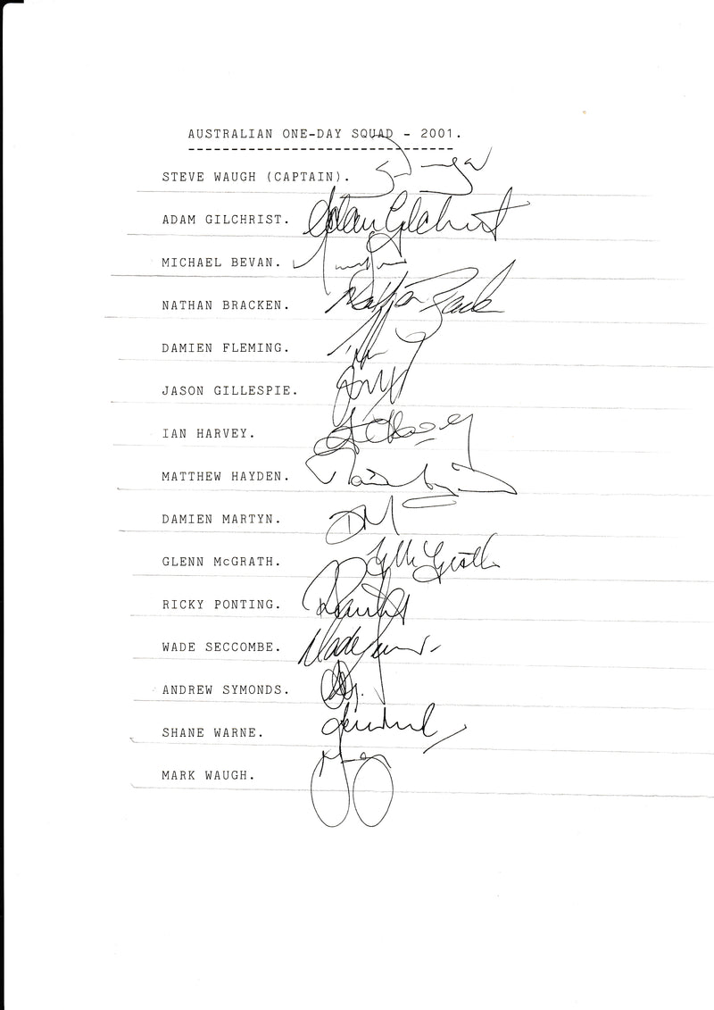 Load image into Gallery viewer, SPECIAL - Australia Player Hand Signed ODI Team Sheet 2001 - Waughs, Warne, Gilchrist
