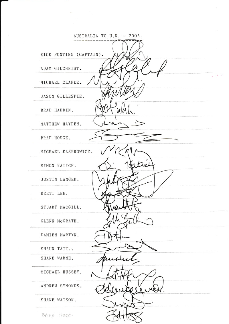 Load image into Gallery viewer, SPECIAL - Australia Player Signed Ashes Team Sheet 2005 - Ponting, Warne, Gilchrist, Clarke
