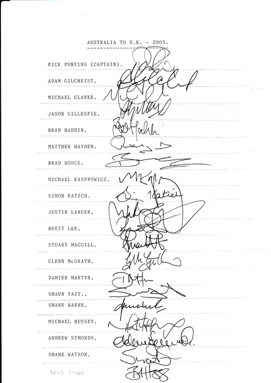 SPECIAL - Australia Player Signed Ashes Team Sheet 2005 - Ponting, Warne, Gilchrist, Clarke