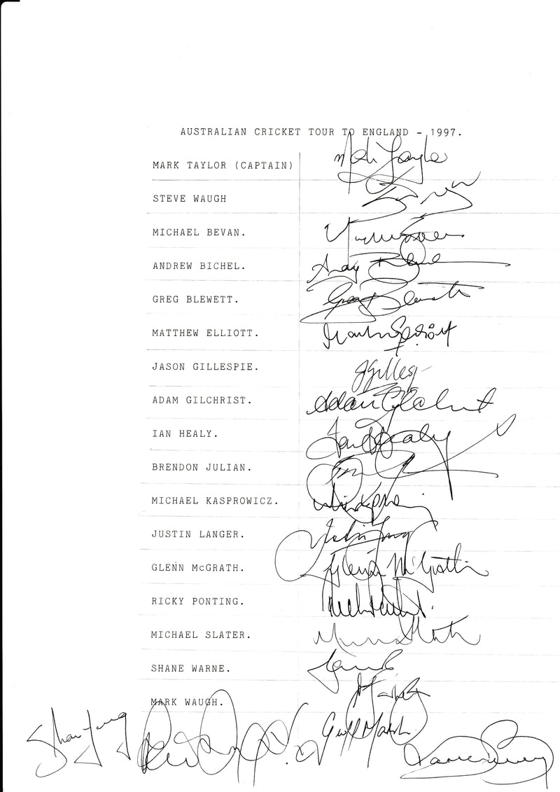 Load image into Gallery viewer, SPECIAL - Australia Player Signed Ashes Team Sheet 1997 - Waughs, Warne, Taylor, Healy
