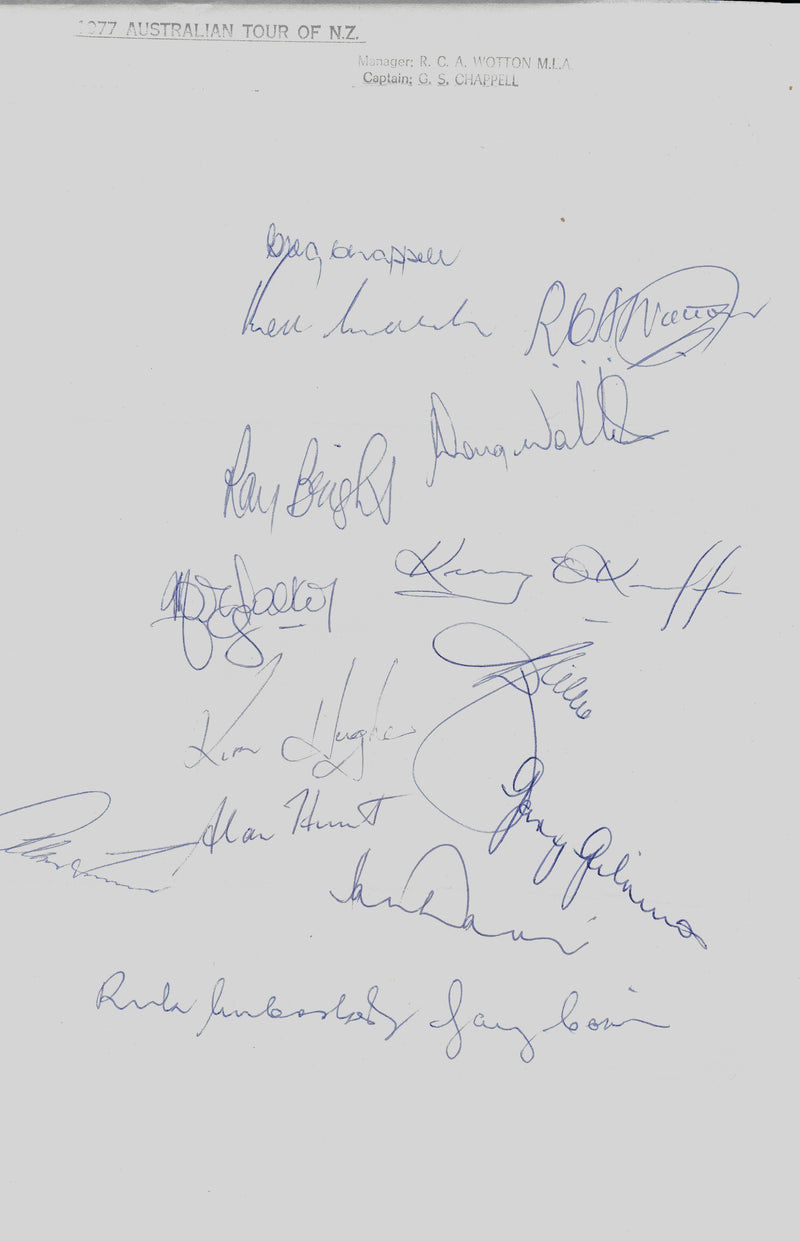 Load image into Gallery viewer, SPECIAL - Australia Player Signed 1977 Tour Team Sheet - Lillee, Chappell, O'Keeffe
