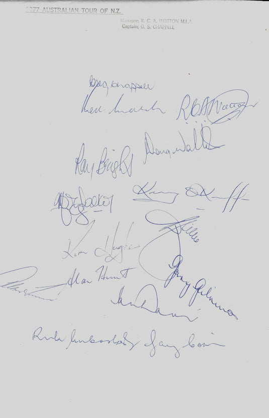 SPECIAL - Australia Player Signed 1977 Tour Team Sheet - Lillee, Chappell, O'Keeffe