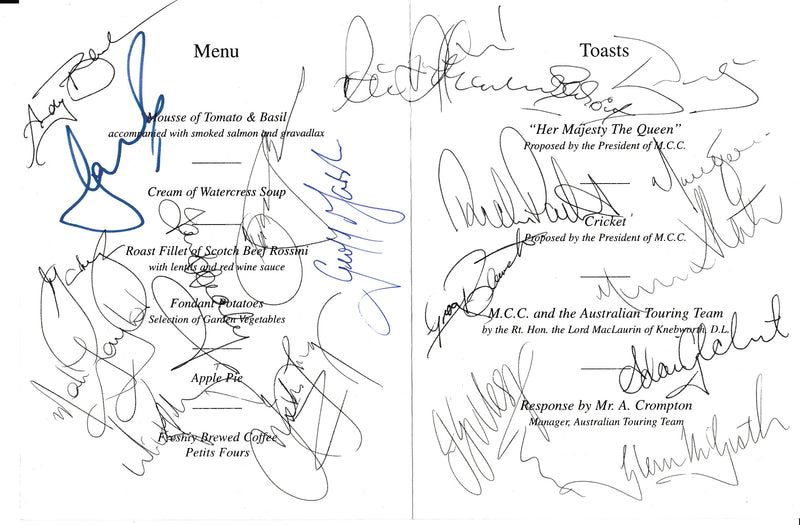 Load image into Gallery viewer, 1997 MCC Ashes Formal Dinner Menu Hand Signed by the Australian Team Plus other greats

