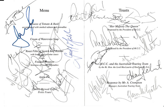 1997 MCC Ashes Formal Dinner Menu Hand Signed by the Australian Team Plus other greats
