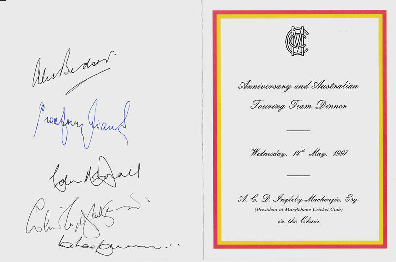 Load image into Gallery viewer, 1997 MCC Ashes Formal Dinner Menu Hand Signed by the Australian Team Plus other greats
