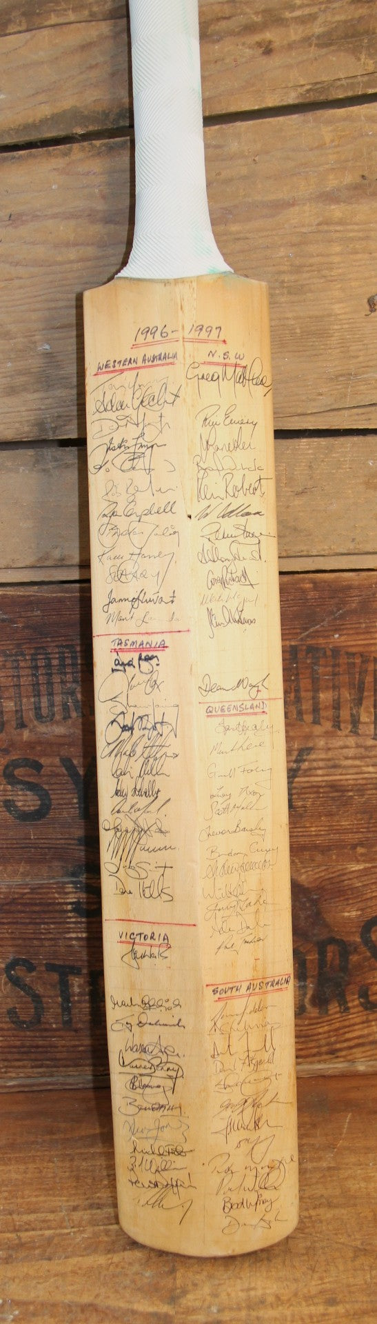 Load image into Gallery viewer, Australia Cricket - 1996/1997 Shield Teams Signed Bat Incl. Warne, Gilchrist, Lehmann
