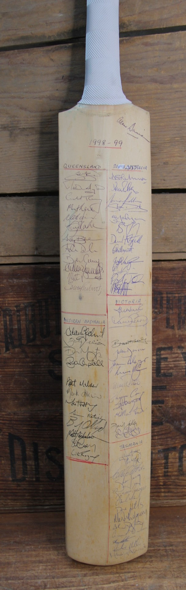 Load image into Gallery viewer, Australia Cricket - 1998/1999 Sheffield Shield Teams Signed Bat Incl. Warne, Gilchrist, Waughs
