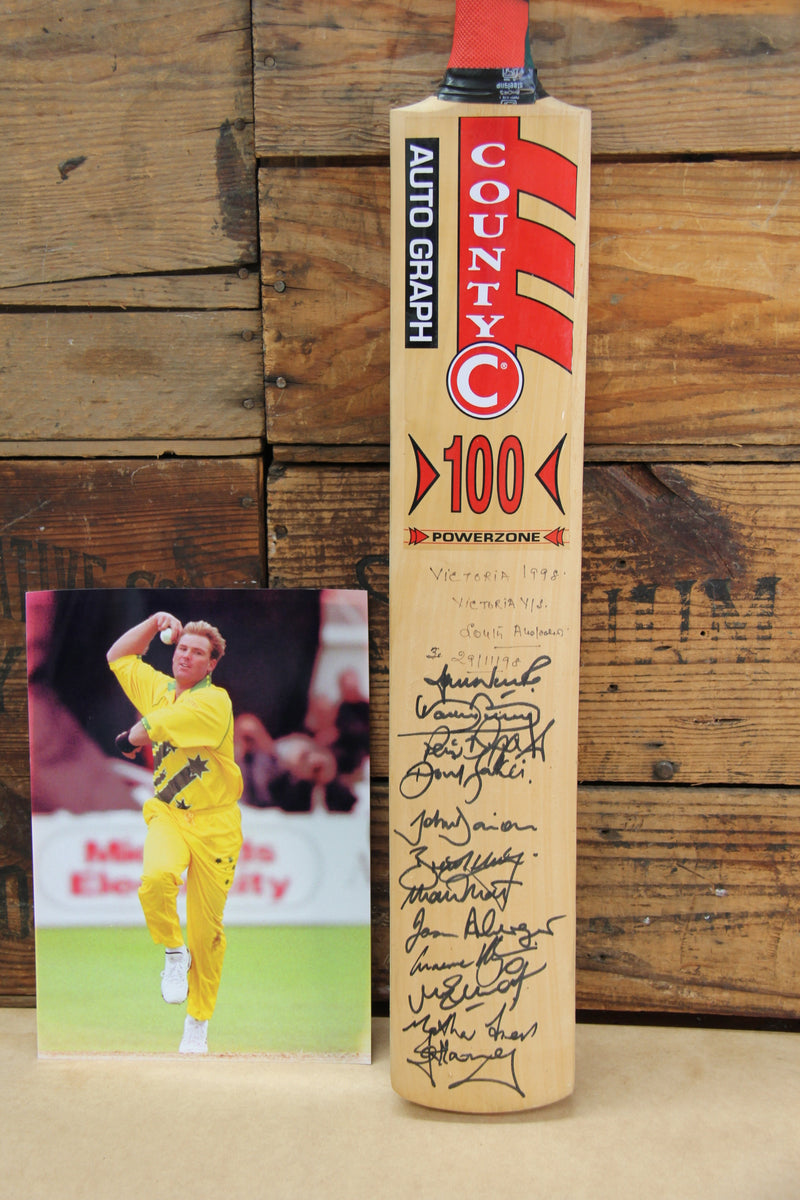 Load image into Gallery viewer, Shane Warne &amp; Vic Team Personally Signed County Full Sized Bat, 1998
