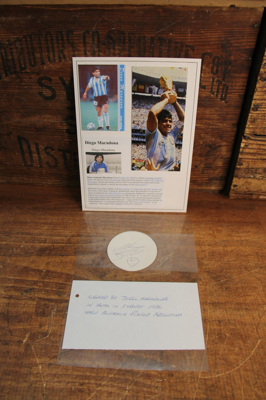 Diego Maradona Personally Signed Picture and Coaster (2 signatures)