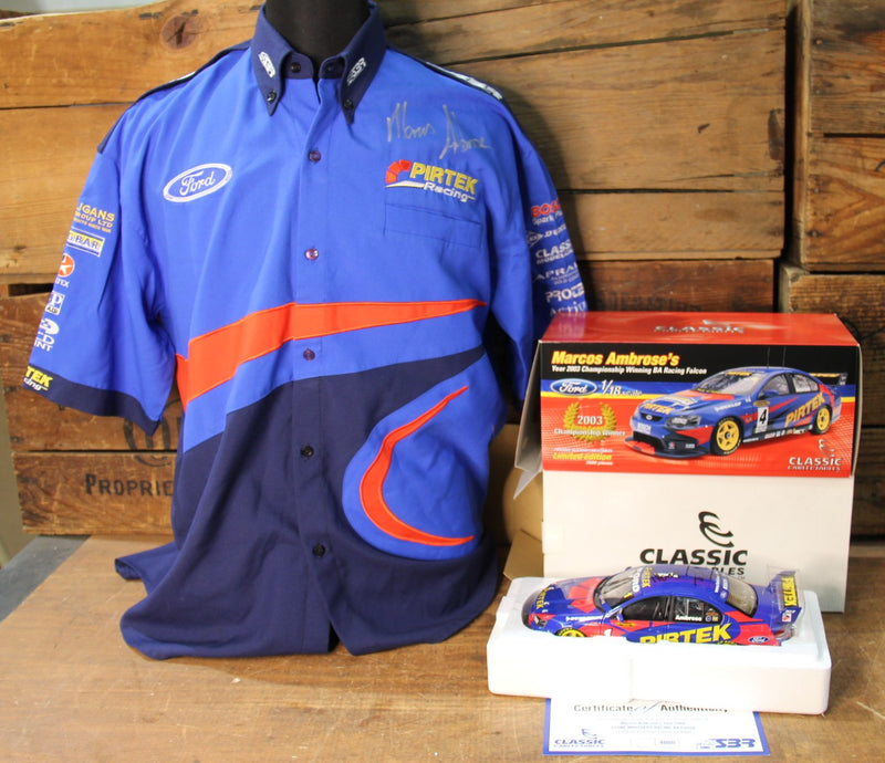 Load image into Gallery viewer, Marcos Ambrose Personally Signed Official Shirt + Signed 2003 BA Falcon 1:18
