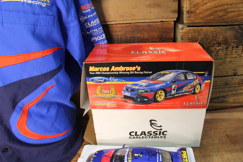 Load image into Gallery viewer, Marcos Ambrose Personally Signed Official Shirt + Signed 2003 BA Falcon 1:18
