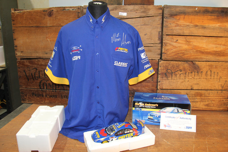 Load image into Gallery viewer, Marcos Ambrose Personally Signed Official Shirt + 2002 AU Falcon 1:18

