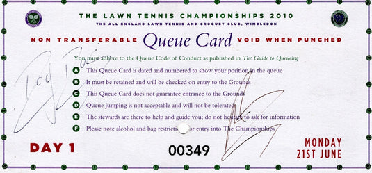Roger Federer & Rafael Nadal Personally Signed 2010 Wimbledon Queue Card