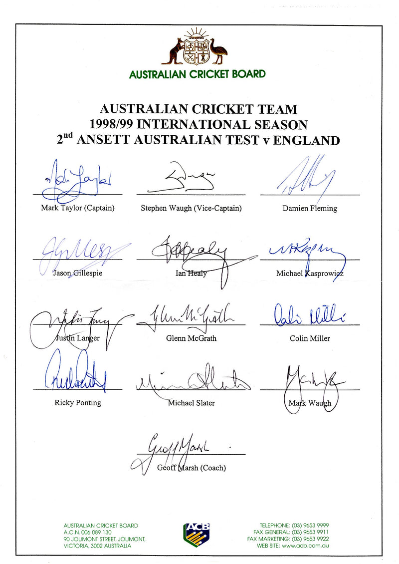 Load image into Gallery viewer, Australia 1998/1999 Ashes Team Personally Signed Teamsheet
