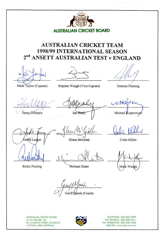 Australia 1998/1999 Ashes Team Personally Signed Teamsheet