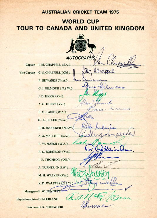 Australia Cricket Team 1975 World Cup & Ashes Personally Signed Teamsheet
