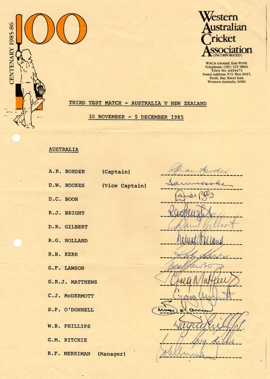 Australia Cricket Team Personally Signed Teamsheet, 1985