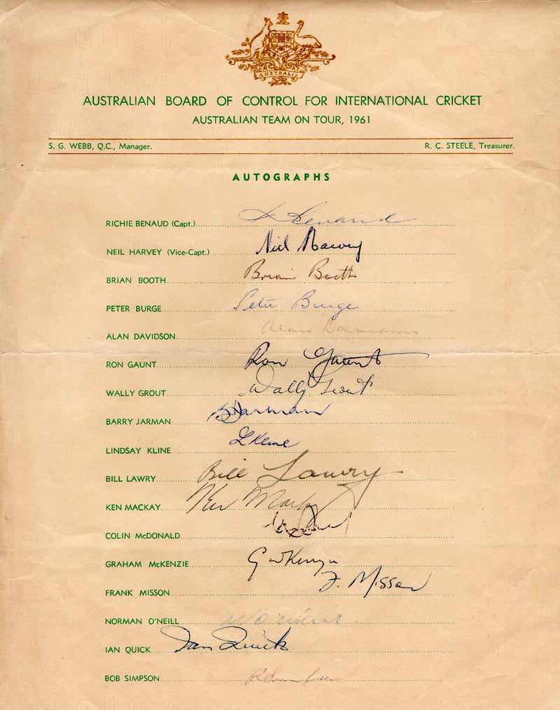 Load image into Gallery viewer, Australia Ashes Team 1961 Personally Signed Teamsheet
