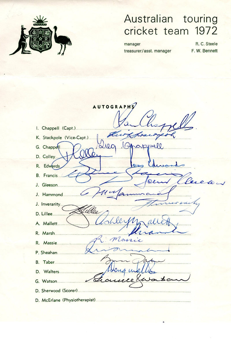 Load image into Gallery viewer, Australian Cricket Team 1972 Personally Signed Teamsheet
