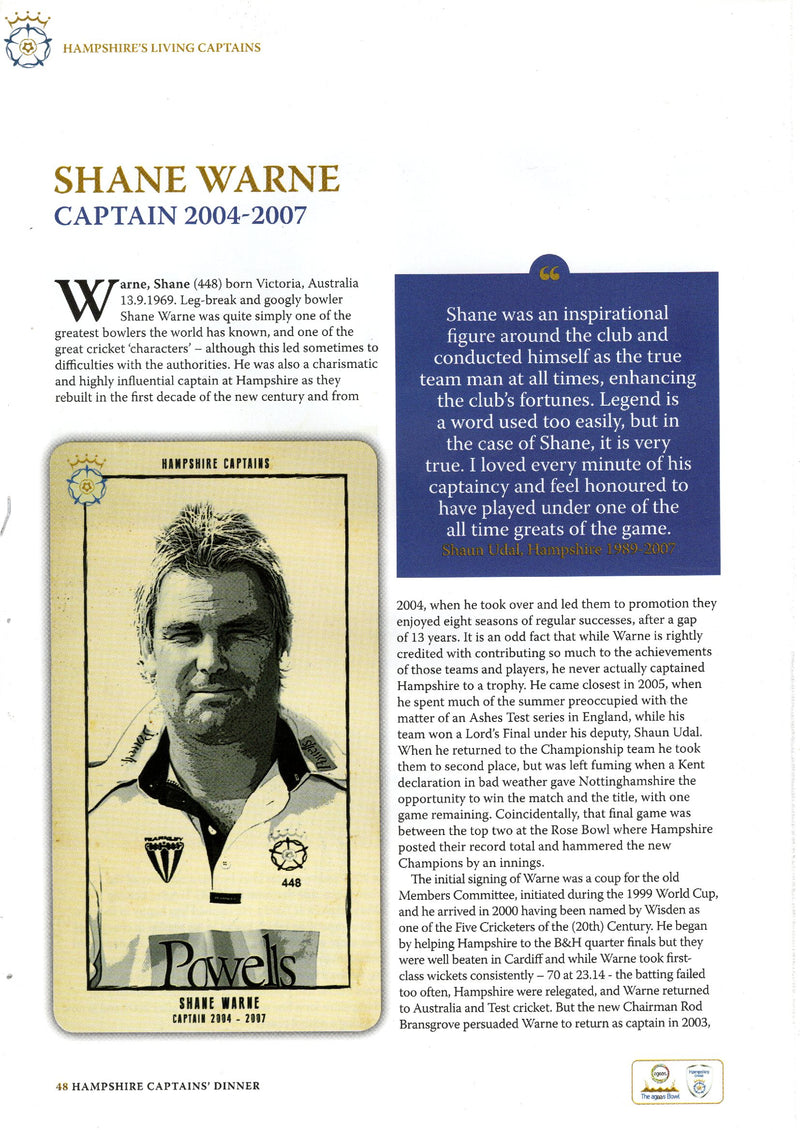 Load image into Gallery viewer, Shane Warne Hampshire Captains Personally Signed Tribute
