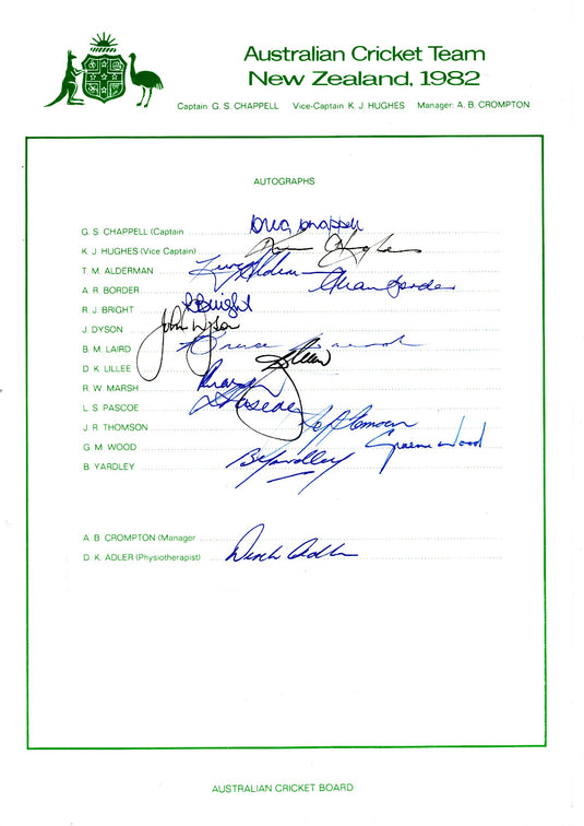 Australia Tour of New Zealand 1982 Personally Signed Teamsheet
