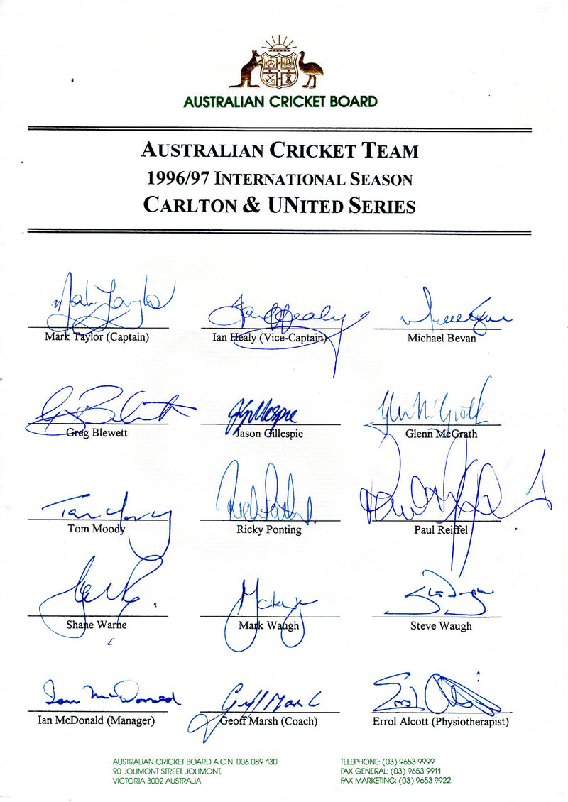 Load image into Gallery viewer, Australia 1996/1997 ODI Series Personally Signed Teamsheet
