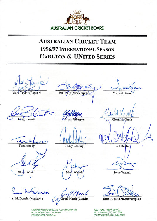 Australia 1996/1997 ODI Series Personally Signed Teamsheet