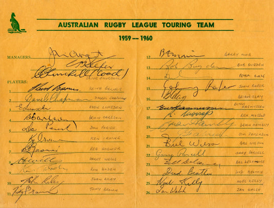 Australian Rugby League Team 1959 Tour Personally Signed Teamsheet
