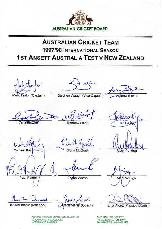 Australia 1997/1998 Test Team Personally Signed Teamsheet - Warne, Waughs, Ponting