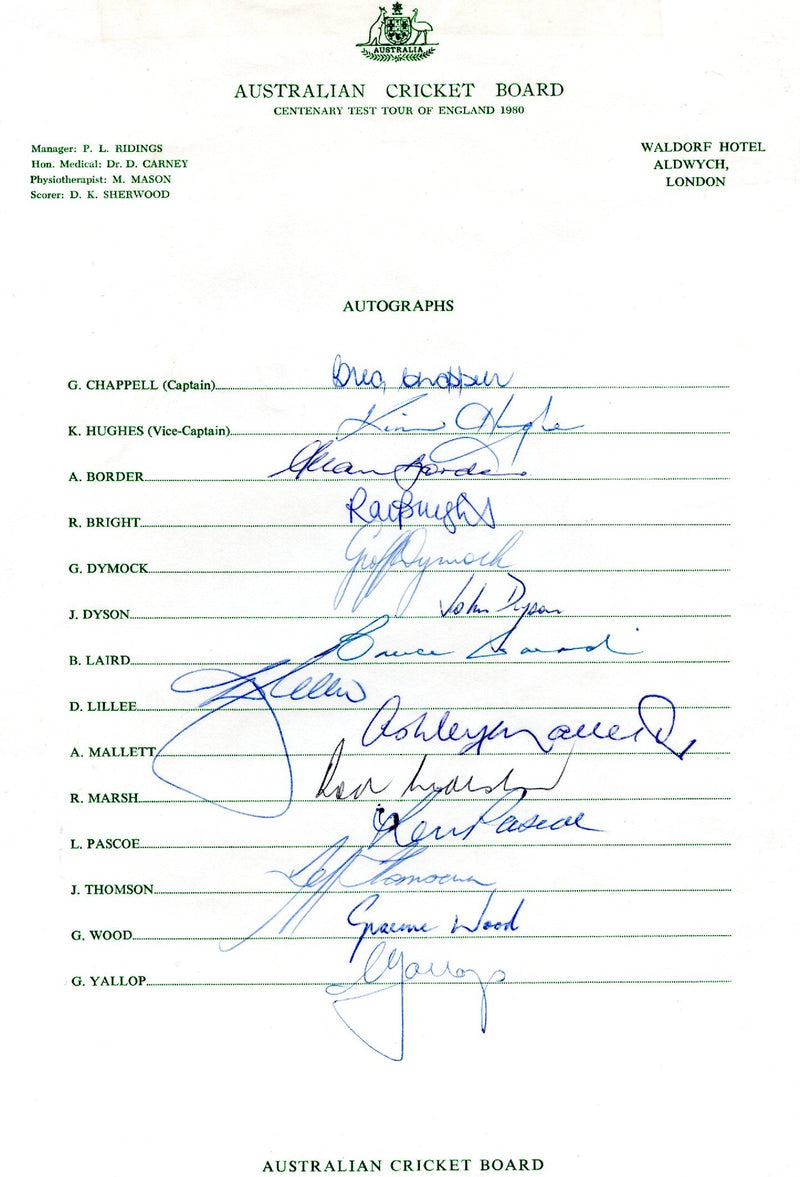 Load image into Gallery viewer, Centenary Test 1980 Australia Personally Signed Teamsheet - Lillee, Thomson, Chappell

