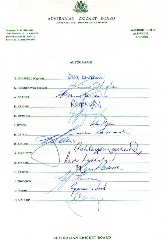 Centenary Test 1980 Australia Personally Signed Teamsheet - Lillee, Thomson, Chappell