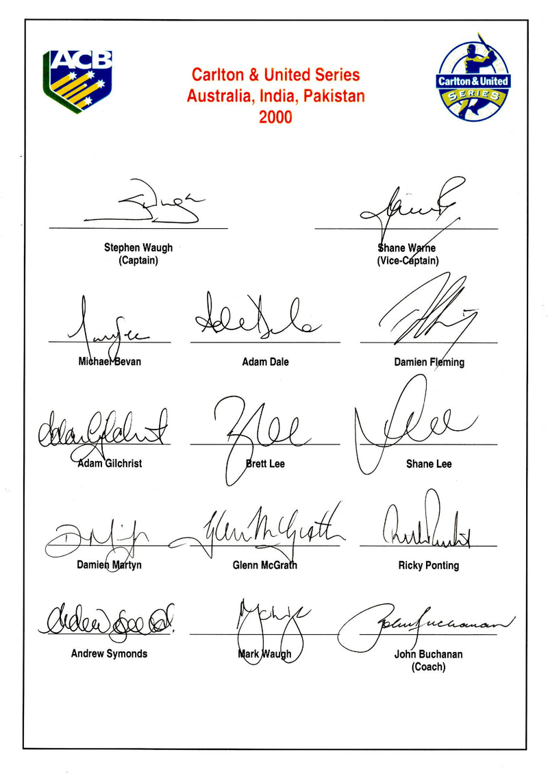 Load image into Gallery viewer, Australia 1980 Personally Signed Teamsheet, CUB Series - Waughs, Warne, Gilchrist, Lee
