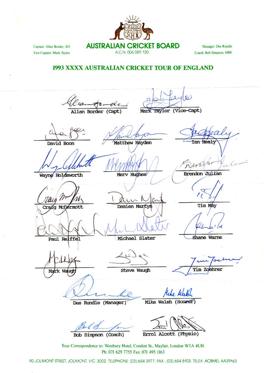 SPECIAL - Australia 1993 Ashes Team Hand Signed Team sheet - Ball of the Century Tour
