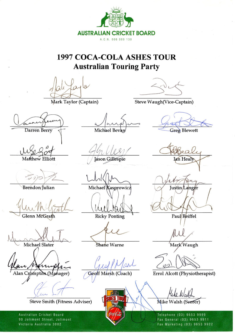 Load image into Gallery viewer, Australia 1997 Ashes Tour Team Personally Signed Sheet - Warne, Waughs, Ponting
