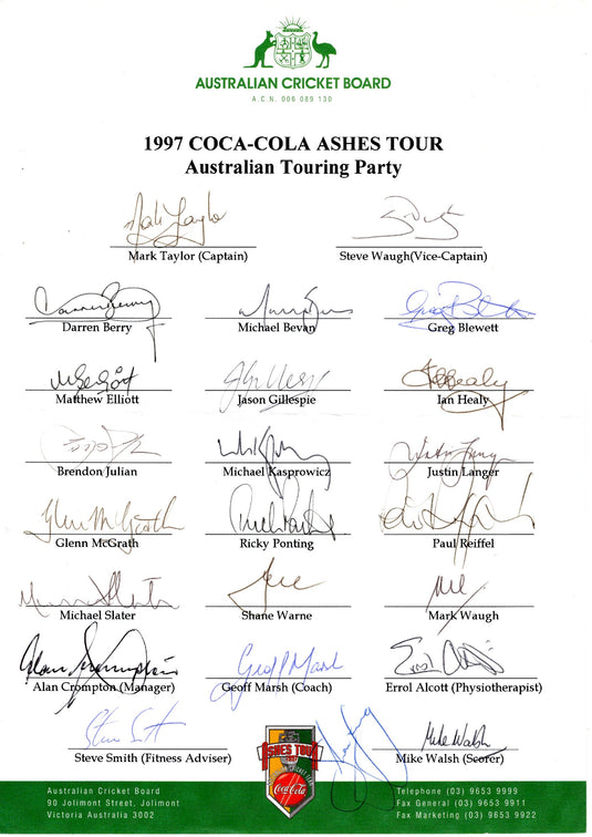 Australia 1997 Ashes Tour Team Personally Signed Sheet - Warne, Waughs, Ponting