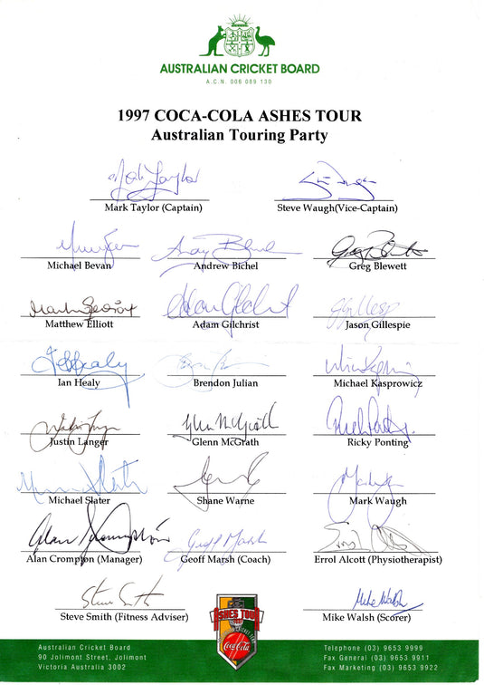 SPECIAL - Australia 1997 Ashes Tour Team Personally Signed Sheet - Warne, Waughs, Ponting
