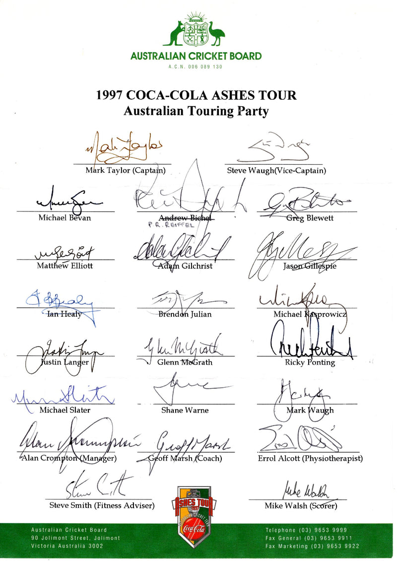Load image into Gallery viewer, SPECIAL - Australia 1997 Ashes Tour Team Personally Signed Sheet - Warne, Waughs, Ponting
