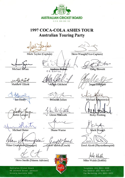 SPECIAL - Australia 1997 Ashes Tour Team Personally Signed Sheet - Warne, Waughs, Ponting