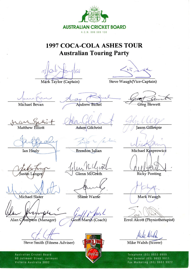 Load image into Gallery viewer, Australia 1997 Ashes Tour Team Personally Signed Sheet - Warne, Waughs, Ponting
