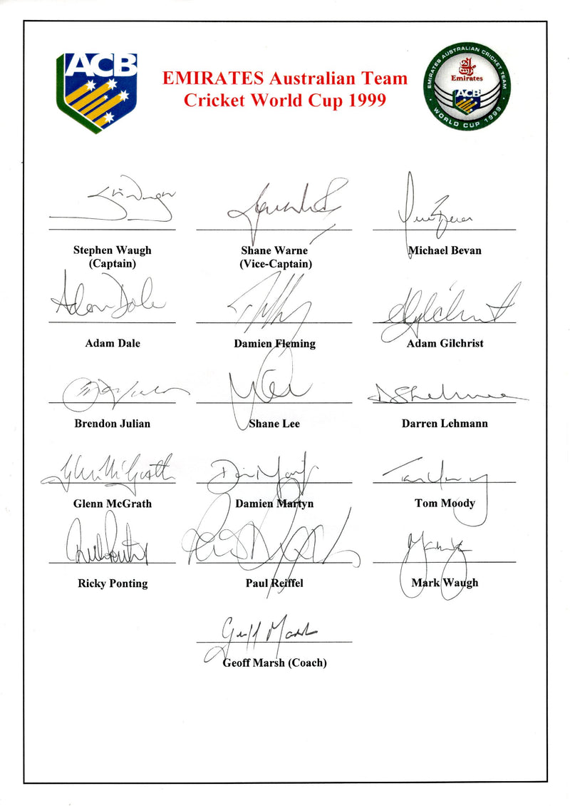 Load image into Gallery viewer, SPECIAL - Australia 1999 ICC World Cup Winners Personally Signed Team Sheet - Waughs, Warne, Ponting
