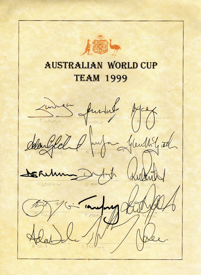 Load image into Gallery viewer, SPECIAL - Australia 1999 ICC World Cup Winners Personally Signed Team Sheet - Waughs, Warne
