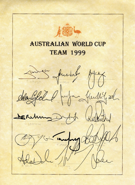 SPECIAL - Australia 1999 ICC World Cup Winners Personally Signed Team Sheet - Waughs, Warne